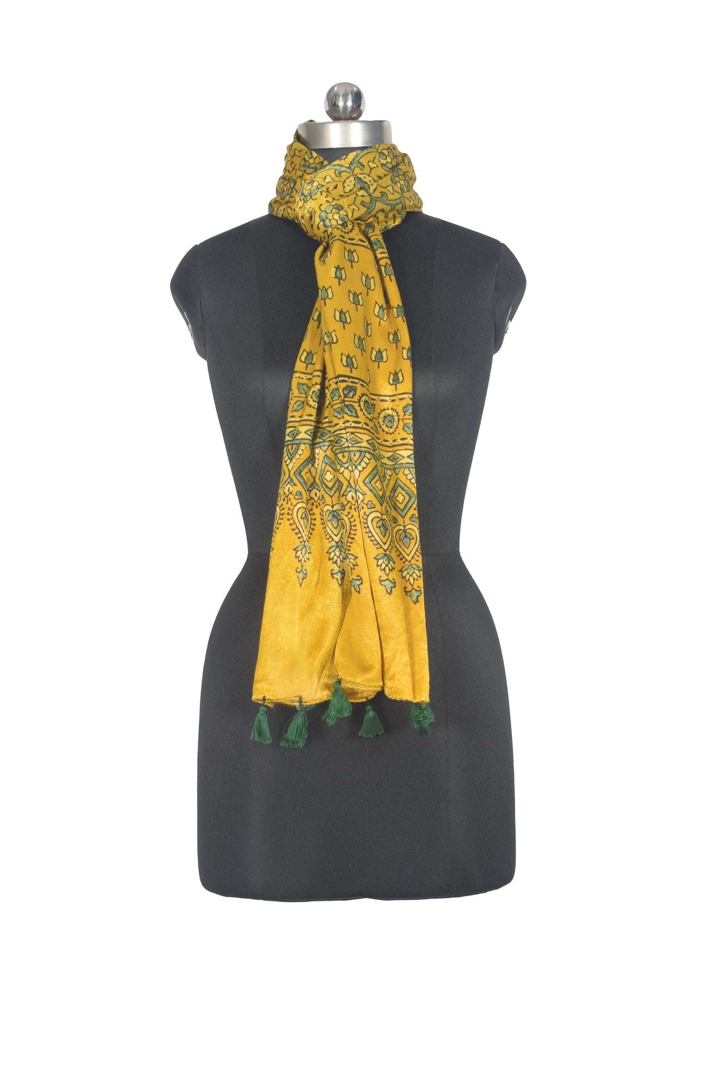 Ajrakh Mashru Silk Natural Dye Hand Block Print Stole With Tassels - 2 Mtr Length   -  SKU : AI07701K
