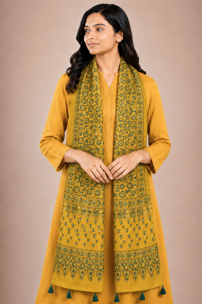 Ajrakh Mashru Silk Natural Dye Hand Block Print Stole With Tassels - 2 Mtr Length   -  SKU : AI07701K
