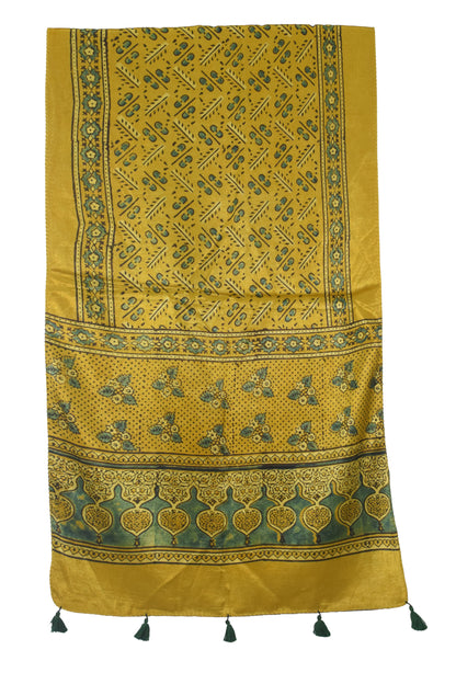Ajrakh Mashru Silk Natural Dye Hand Block Print Stole With Tassels - 2 Mtr Length   -  SKU : AI07701Q