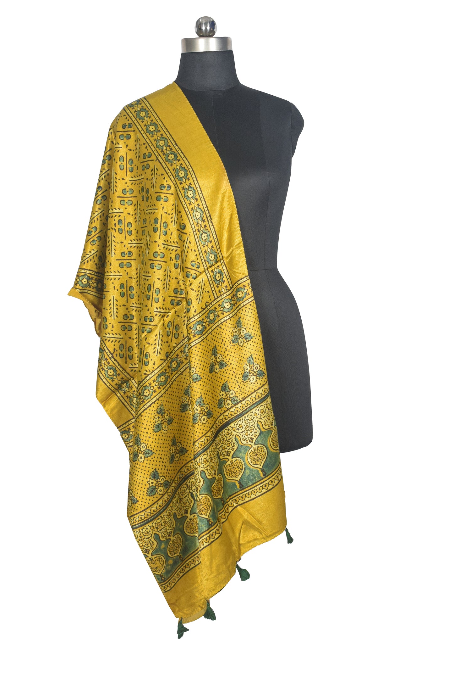 Ajrakh Mashru Silk Natural Dye Hand Block Print Stole With Tassels - 2 Mtr Length   -  SKU : AI07701Q