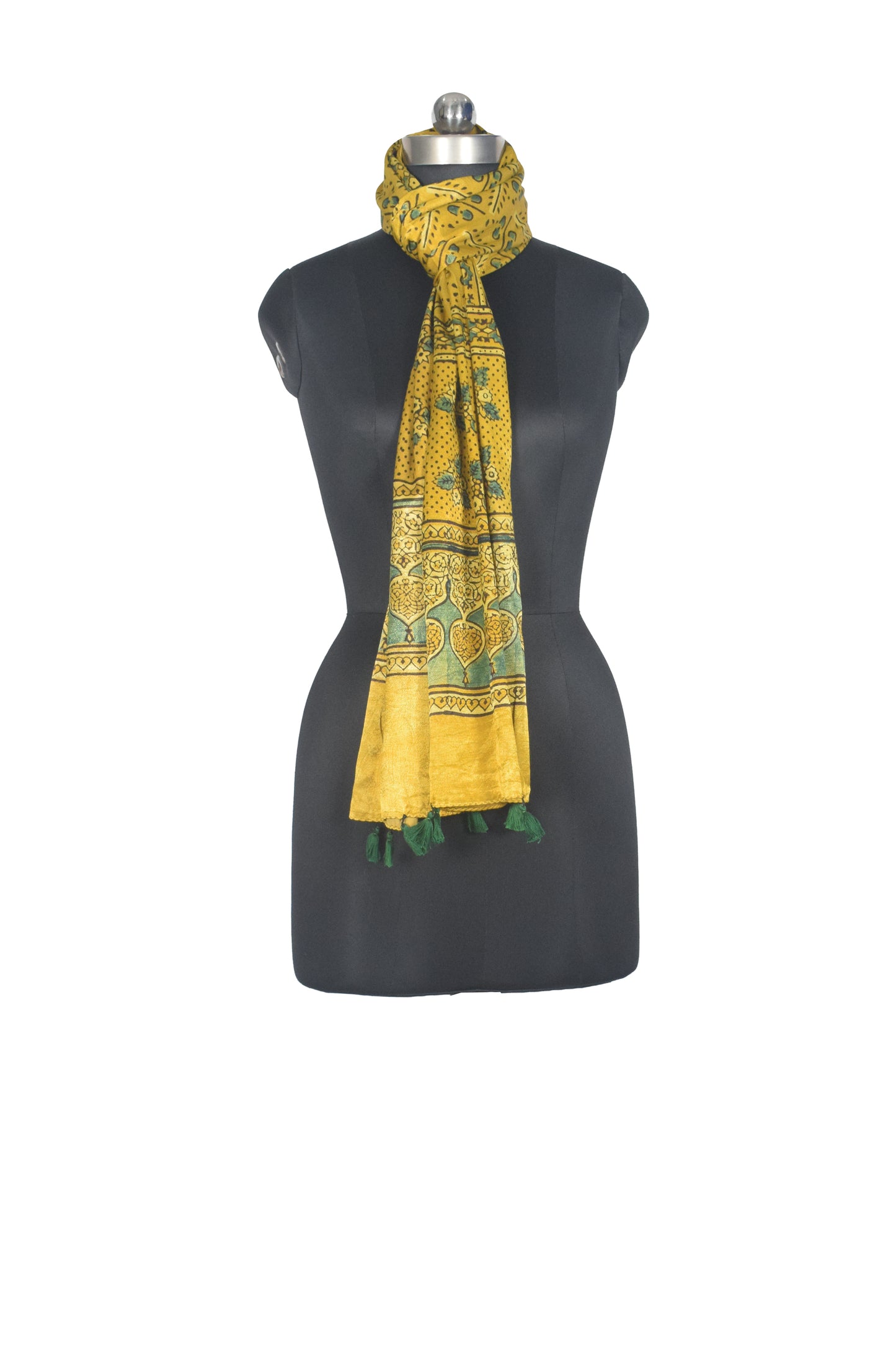 Ajrakh Mashru Silk Natural Dye Hand Block Print Stole With Tassels - 2 Mtr Length   -  SKU : AI07701Q