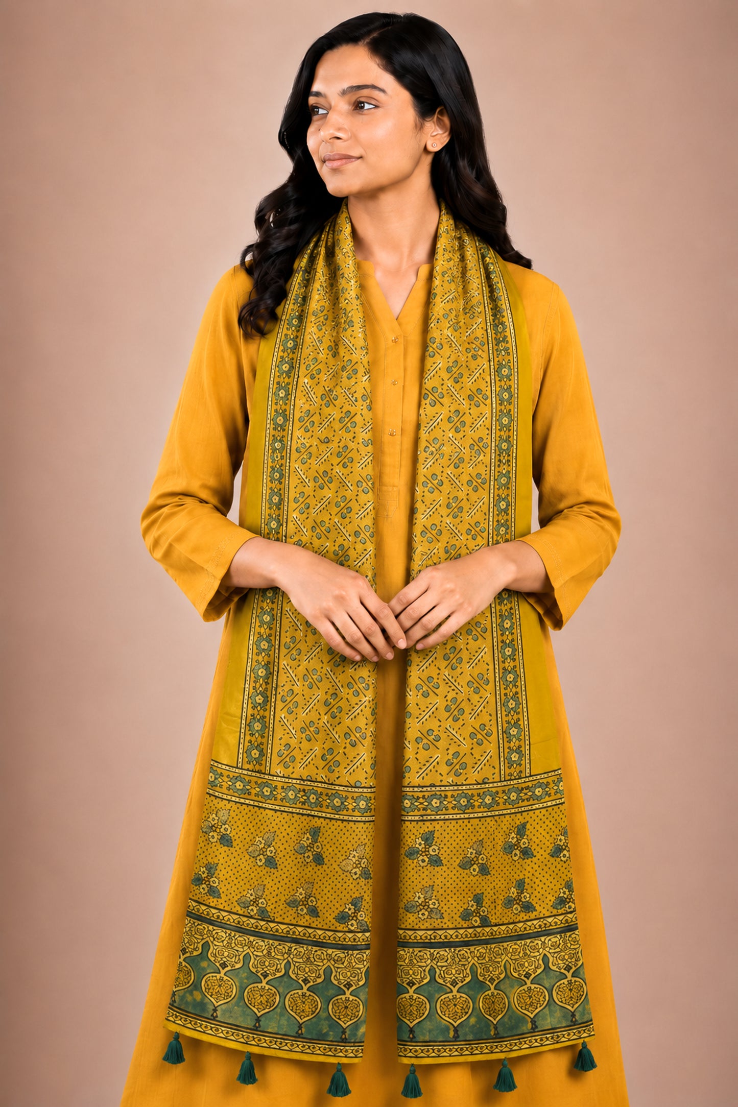 Ajrakh Mashru Silk Natural Dye Hand Block Print Stole With Tassels - 2 Mtr Length   -  SKU : AI07701Q