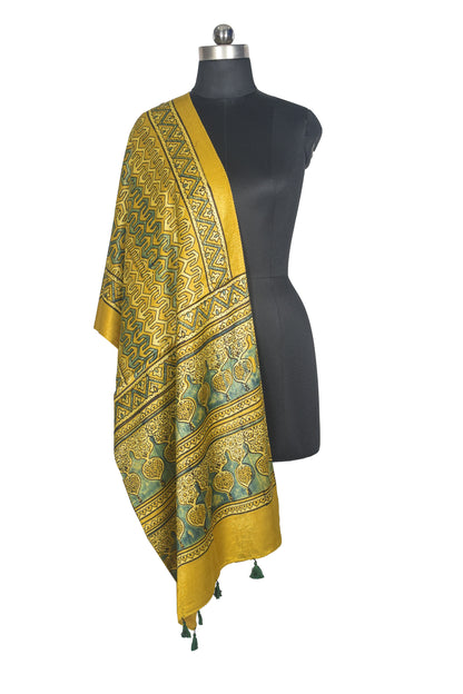 Ajrakh Mashru Silk Natural Dye Hand Block Print Stole With Tassels - 2 Mtr Length   -  SKU : AI07701W