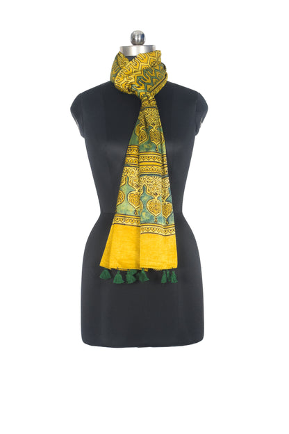 Ajrakh Mashru Silk Natural Dye Hand Block Print Stole With Tassels - 2 Mtr Length   -  SKU : AI07701W