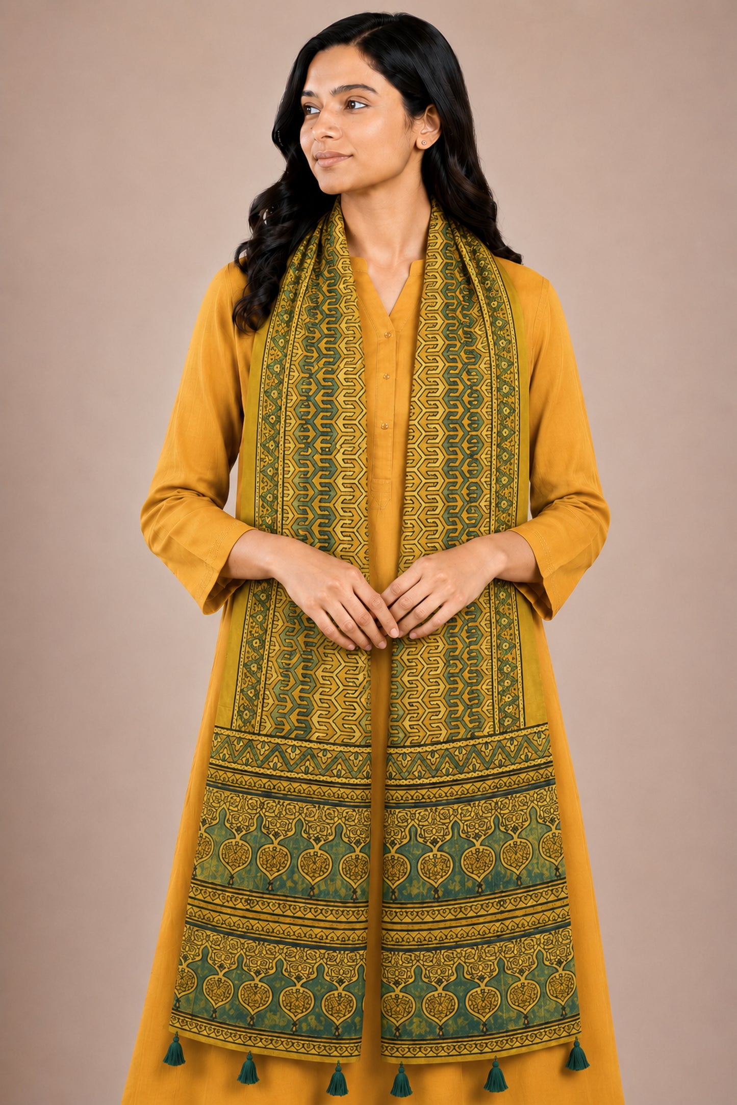 Ajrakh Mashru Silk Natural Dye Hand Block Print Stole With Tassels - 2 Mtr Length   -  SKU : AI07701W