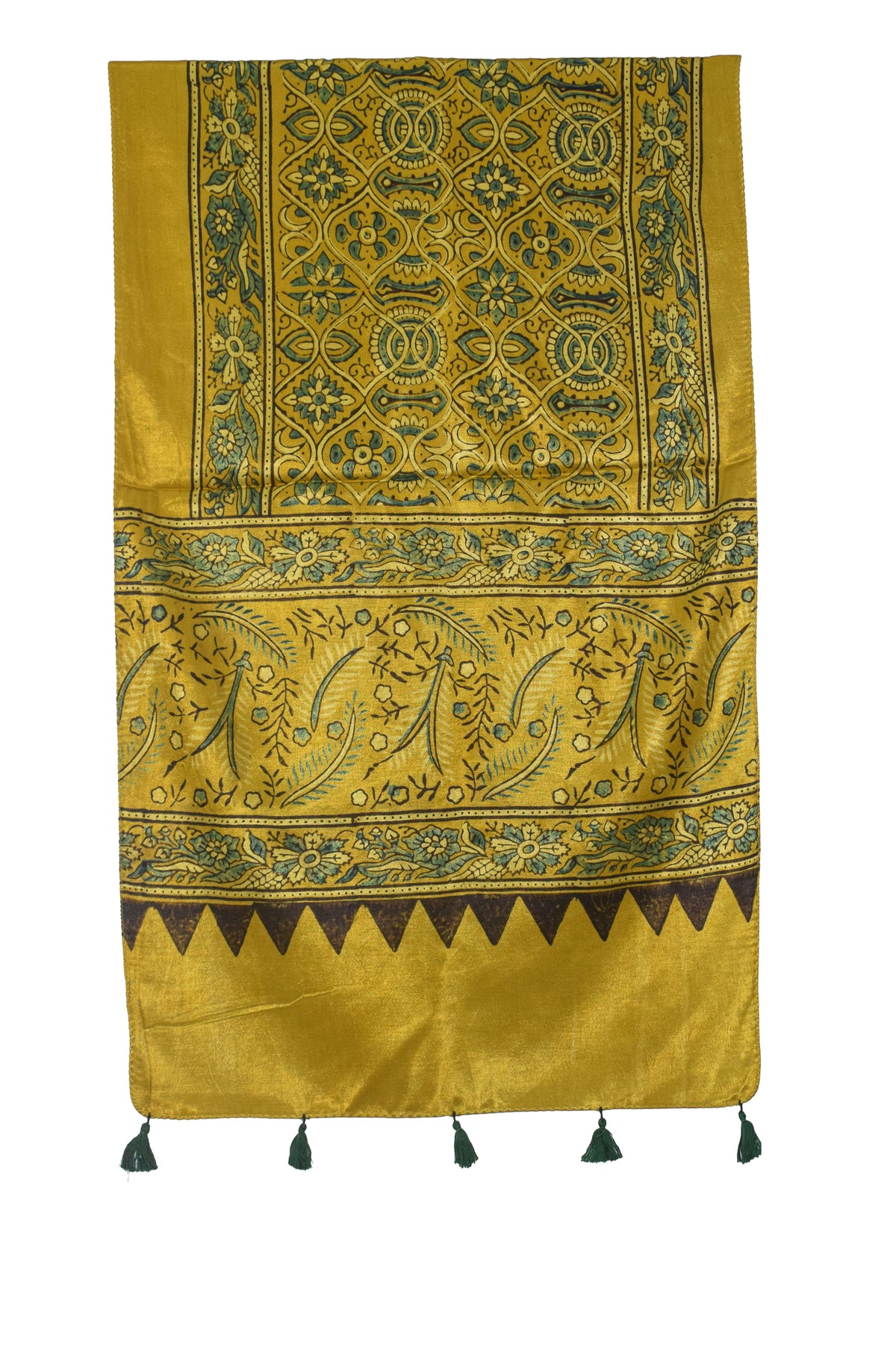 Ajrakh Mashru Silk Natural Dye Hand Block Print Stole With Tassels - 2 Mtr Length   -  SKU : AI0770AC