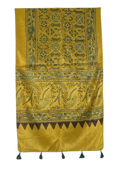 Ajrakh Mashru Silk Natural Dye Hand Block Print Stole With Tassels - 2 Mtr Length   -  SKU : AI0770AC