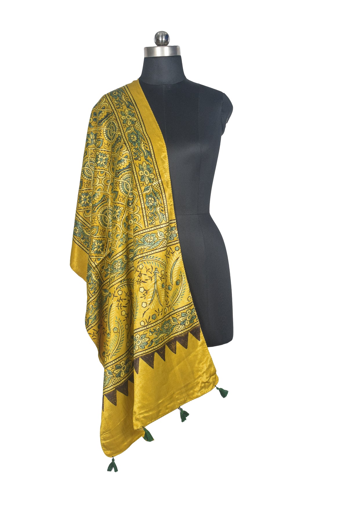 Ajrakh Mashru Silk Natural Dye Hand Block Print Stole With Tassels - 2 Mtr Length   -  SKU : AI0770AC
