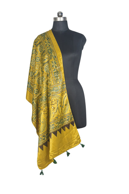 Ajrakh Mashru Silk Natural Dye Hand Block Print Stole With Tassels - 2 Mtr Length   -  SKU : AI0770AC