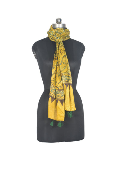 Ajrakh Mashru Silk Natural Dye Hand Block Print Stole With Tassels - 2 Mtr Length   -  SKU : AI0770AC