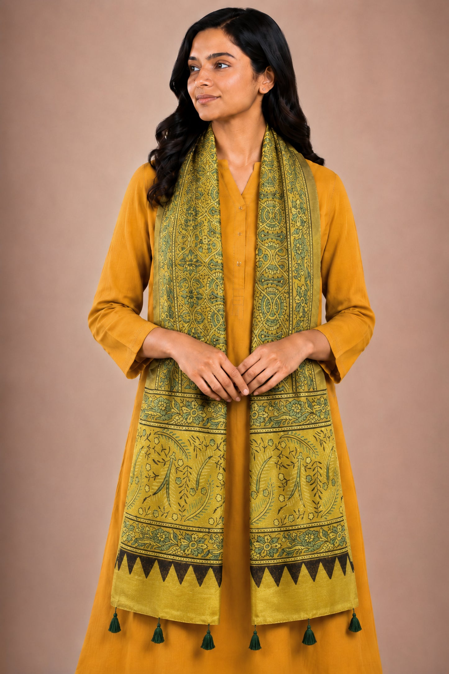 Ajrakh Mashru Silk Natural Dye Hand Block Print Stole With Tassels - 2 Mtr Length   -  SKU : AI0770AC