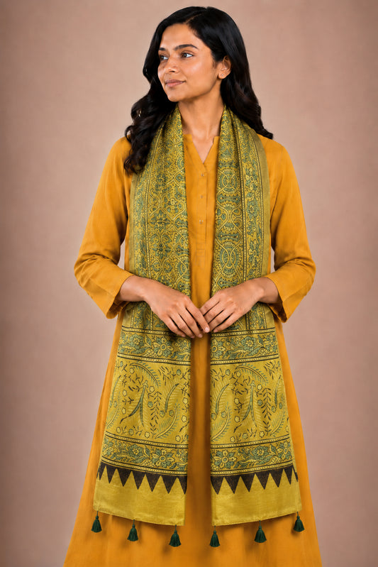 Ajrakh Mashru Silk Natural Dye Hand Block Print Stole With Tassels - 2 Mtr Length   -  SKU : AI0770AC