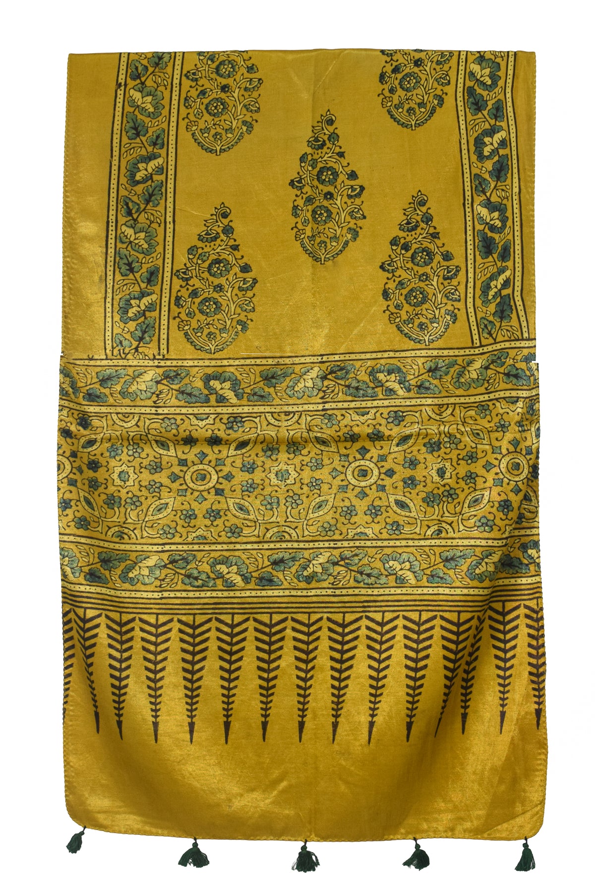 Ajrakh Mashru Silk Natural Dye Hand Block Print Stole With Tassels - 2 Mtr Length   -  SKU : AI0770AI