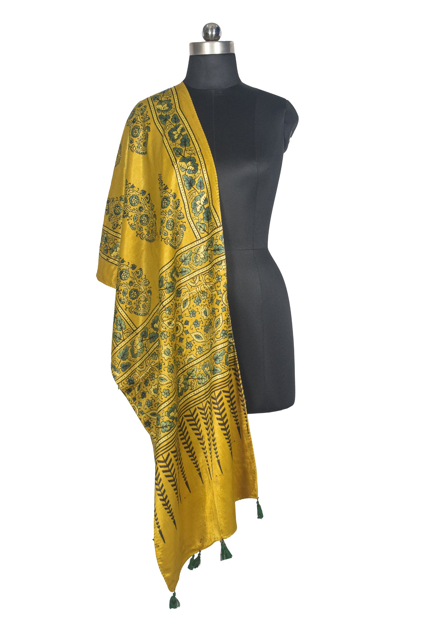Ajrakh Mashru Silk Natural Dye Hand Block Print Stole With Tassels - 2 Mtr Length   -  SKU : AI0770AI