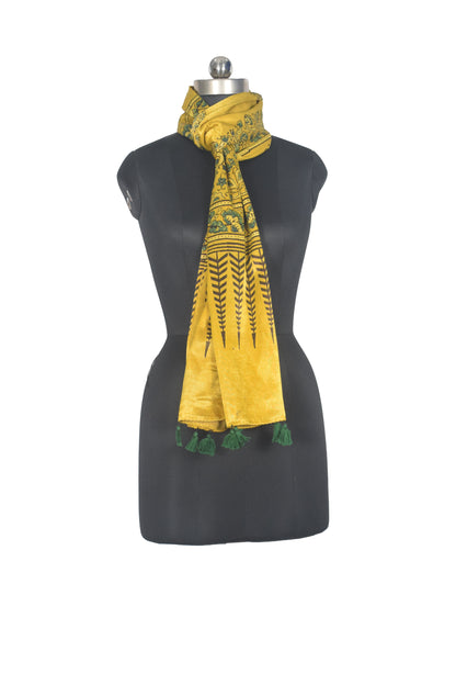 Ajrakh Mashru Silk Natural Dye Hand Block Print Stole With Tassels - 2 Mtr Length   -  SKU : AI0770AI
