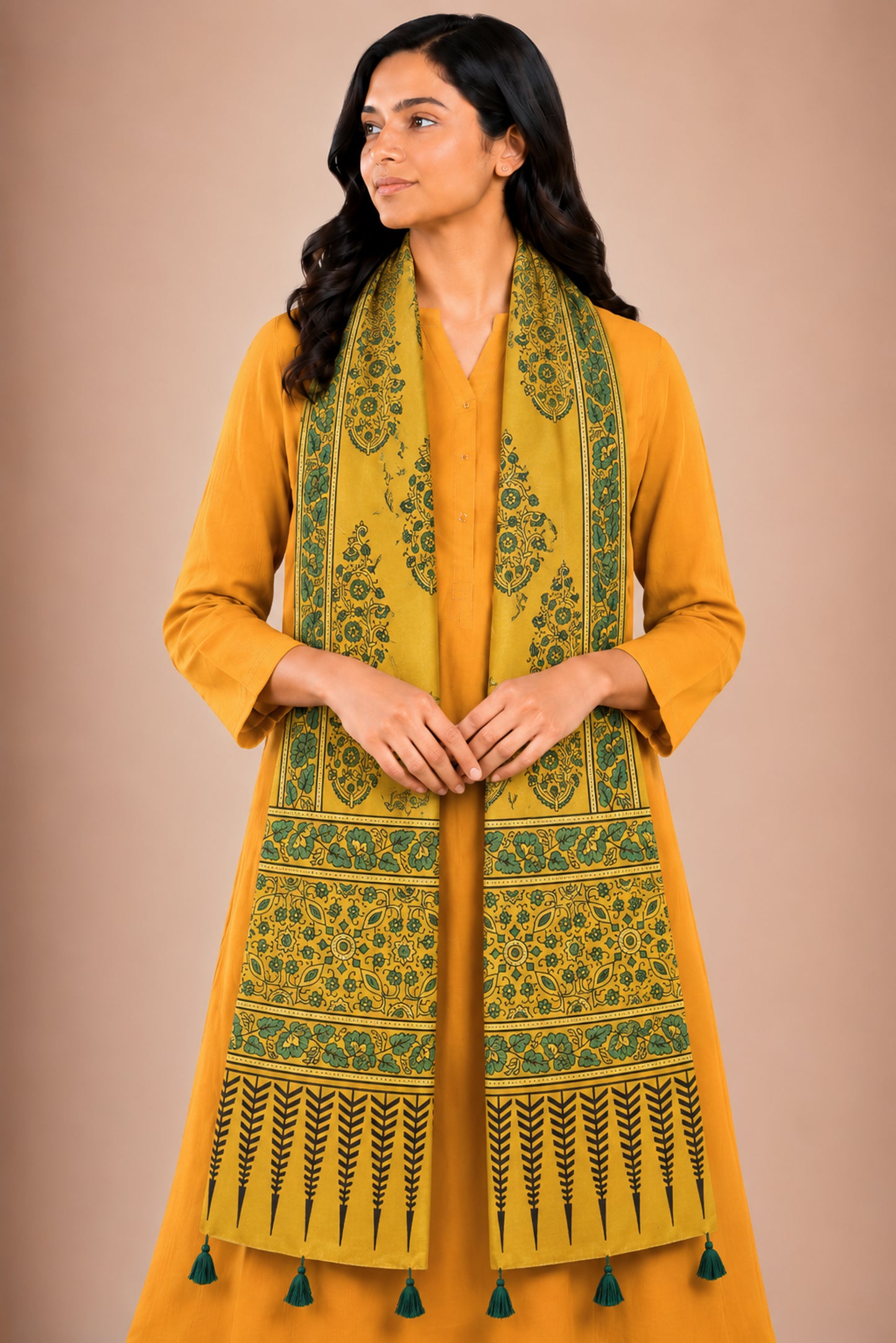 Ajrakh Mashru Silk Natural Dye Hand Block Print Stole With Tassels - 2 Mtr Length   -  SKU : AI0770AI