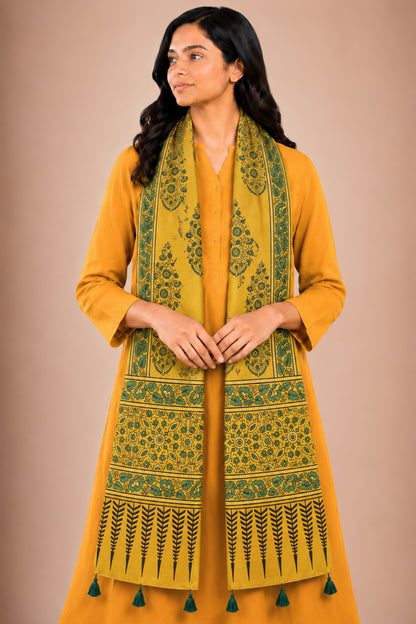Ajrakh Mashru Silk Natural Dye Hand Block Print Stole With Tassels - 2 Mtr Length   -  SKU : AI0770AI
