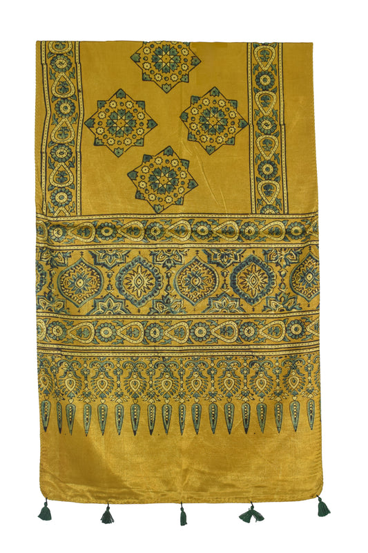 Ajrakh Mashru Silk Natural Dye Hand Block Print Stole With Tassels - 2 Mtr Length   -  SKU : AI0770AO