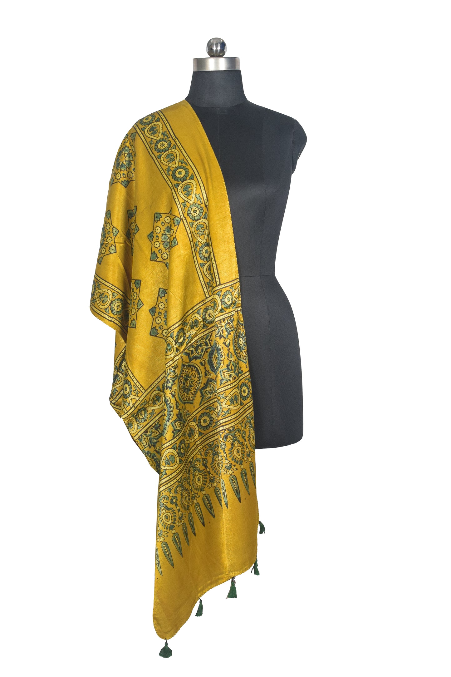 Ajrakh Mashru Silk Natural Dye Hand Block Print Stole With Tassels - 2 Mtr Length   -  SKU : AI0770AO