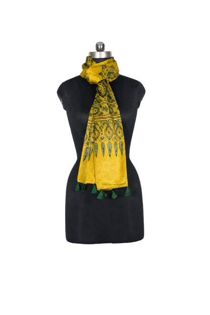 Ajrakh Mashru Silk Natural Dye Hand Block Print Stole With Tassels - 2 Mtr Length   -  SKU : AI0770AO