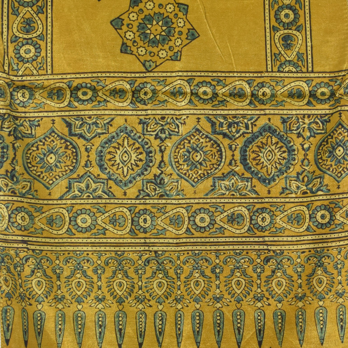 Ajrakh Mashru Silk Natural Dye Hand Block Print Stole With Tassels - 2 Mtr Length   -  SKU : AI0770AO