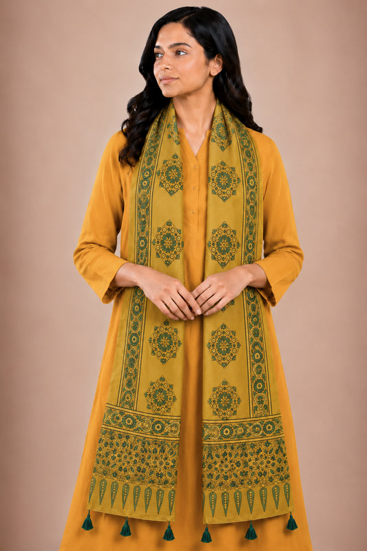 Ajrakh Mashru Silk Natural Dye Hand Block Print Stole With Tassels - 2 Mtr Length   -  SKU : AI0770AO