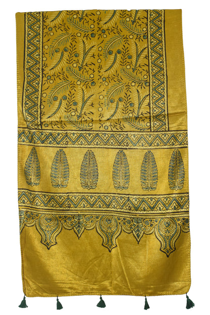 Ajrakh Mashru Silk Natural Dye Hand Block Print Stole With Tassels - 2 Mtr Length   -  SKU : AI0770AU
