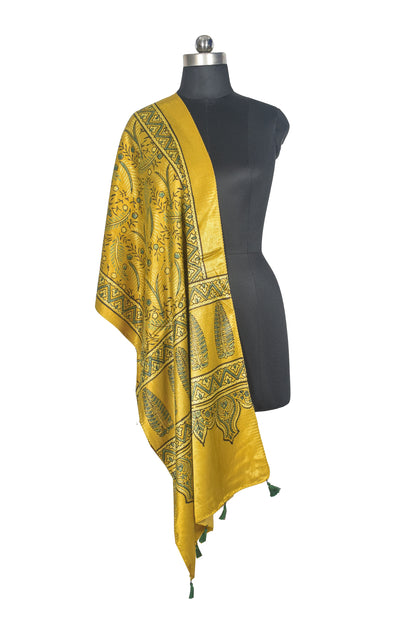 Ajrakh Mashru Silk Natural Dye Hand Block Print Stole With Tassels - 2 Mtr Length   -  SKU : AI0770AU