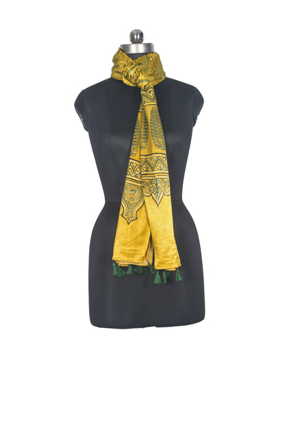 Ajrakh Mashru Silk Natural Dye Hand Block Print Stole With Tassels - 2 Mtr Length   -  SKU : AI0770AU