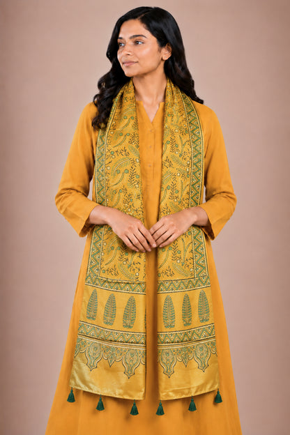 Ajrakh Mashru Silk Natural Dye Hand Block Print Stole With Tassels - 2 Mtr Length   -  SKU : AI0770AU
