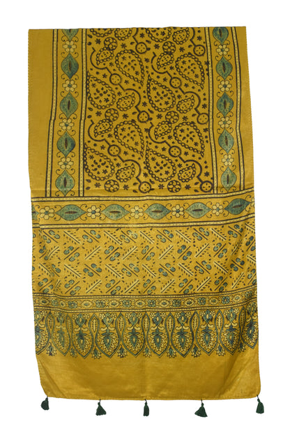Ajrakh Mashru Silk Natural Dye Hand Block Print Stole With Tassels - 2 Mtr Length   -  SKU : AI0770BE