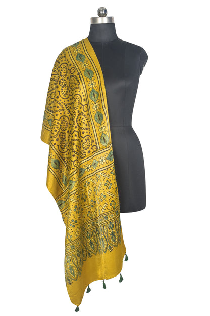 Ajrakh Mashru Silk Natural Dye Hand Block Print Stole With Tassels - 2 Mtr Length   -  SKU : AI0770BE