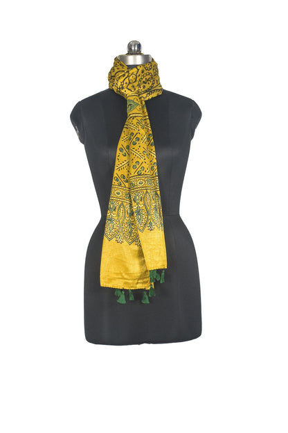 Ajrakh Mashru Silk Natural Dye Hand Block Print Stole With Tassels - 2 Mtr Length   -  SKU : AI0770BE