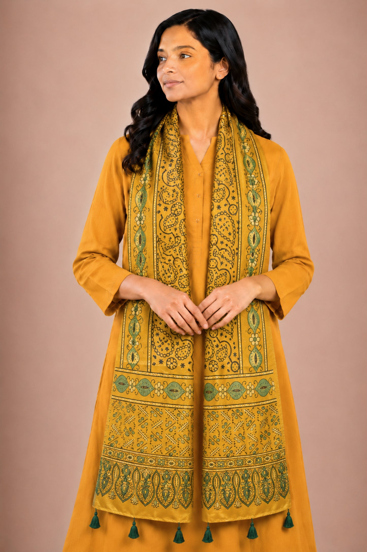 Ajrakh Mashru Silk Natural Dye Hand Block Print Stole With Tassels - 2 Mtr Length   -  SKU : AI0770BE