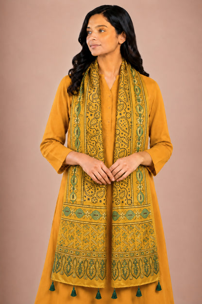 Ajrakh Mashru Silk Natural Dye Hand Block Print Stole With Tassels - 2 Mtr Length   -  SKU : AI0770BE