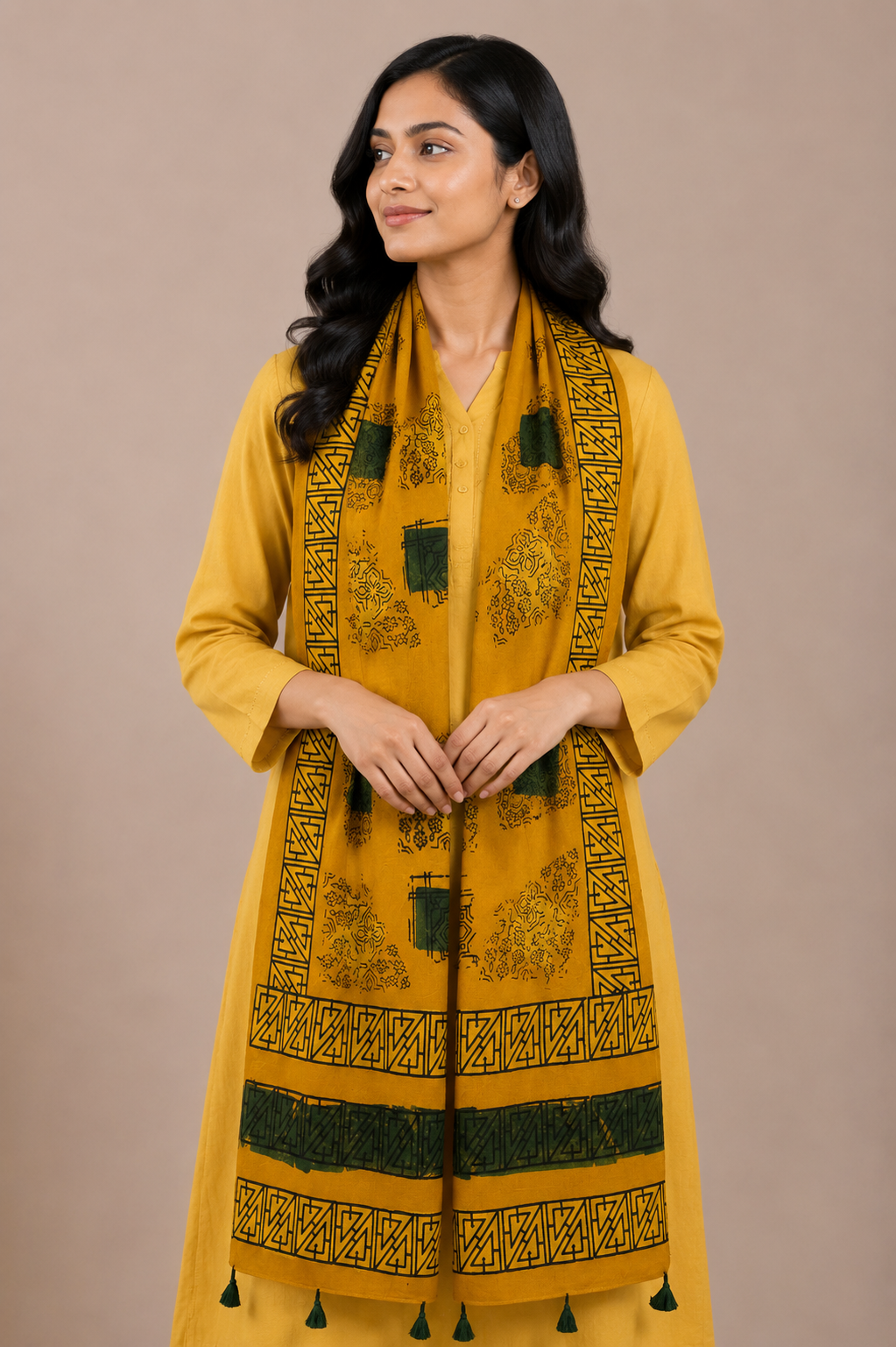 Ajrakh Mashru Silk Natural Dye Hand Block Print Stole With Tassels - 2 Mtr Length    -  SKU : MS19701C