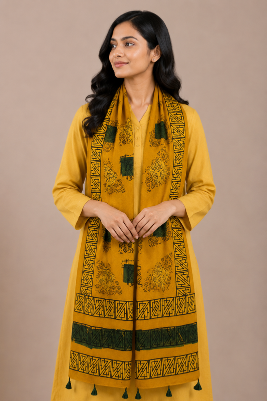 Ajrakh Mashru Silk Natural Dye Hand Block Print Stole With Tassels - 2 Mtr Length    -  SKU : MS19701C