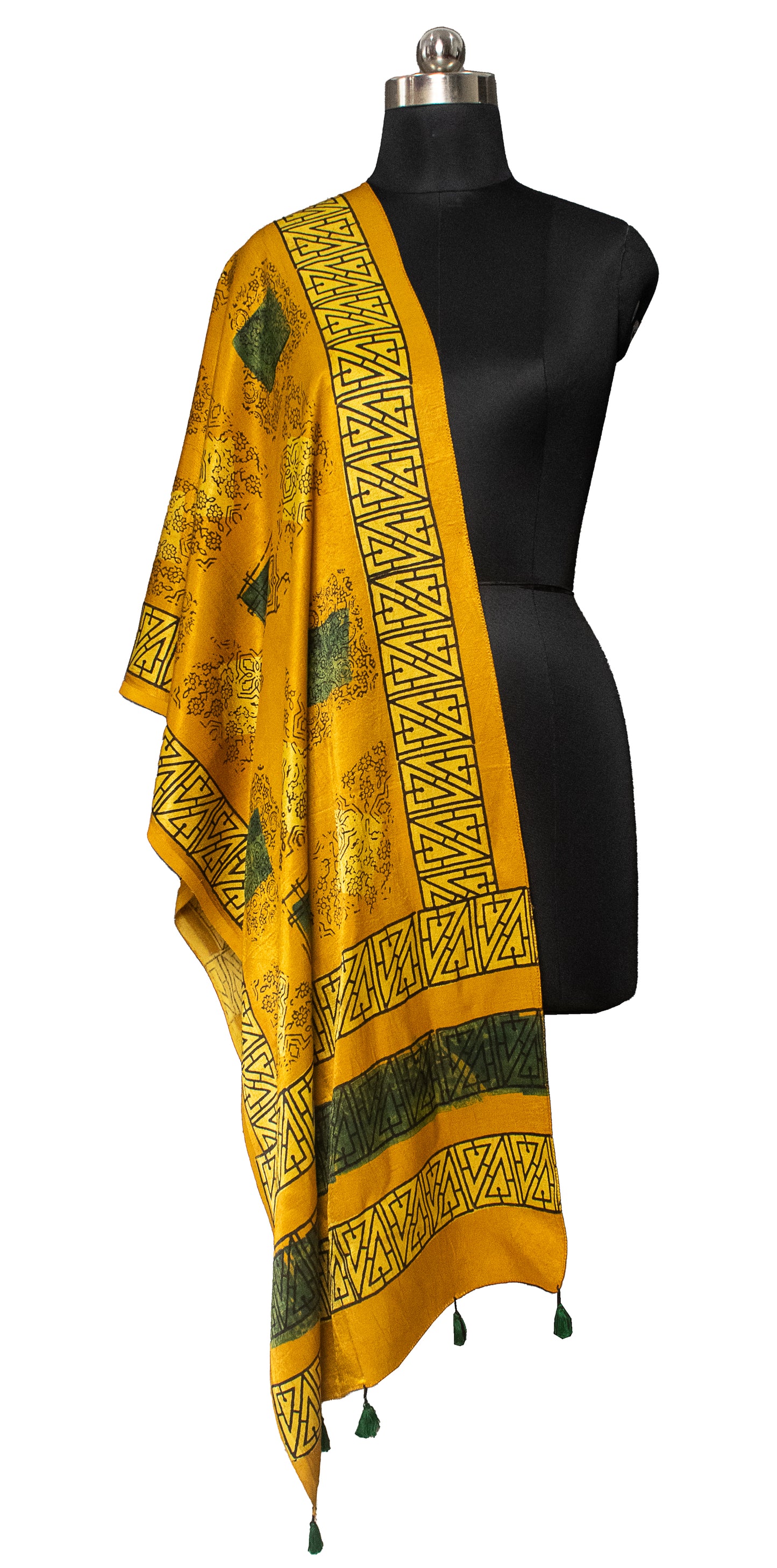 Ajrakh Mashru Silk Natural Dye Hand Block Print Stole With Tassels     -  SKU : MS19701C