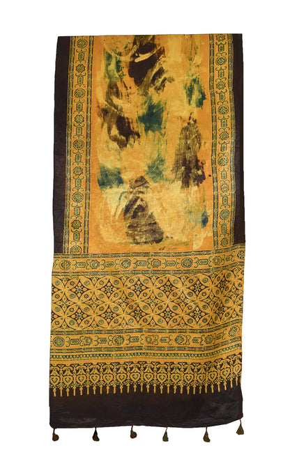 Ajrakh Mashru Silk Natural Dye Hand Block Print Stole With Tassels - 2 Mtr Length    -  SKU : RD26201T