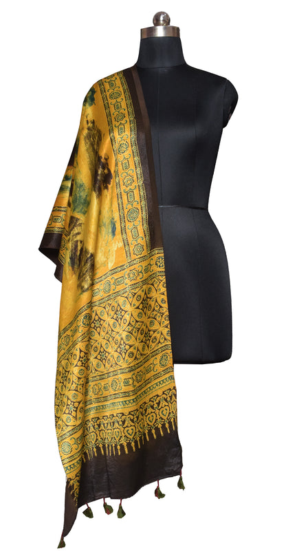 Ajrakh Mashru Silk Natural Dye Hand Block Print Stole With Tassels - 2 Mtr Length    -  SKU : RD26201T