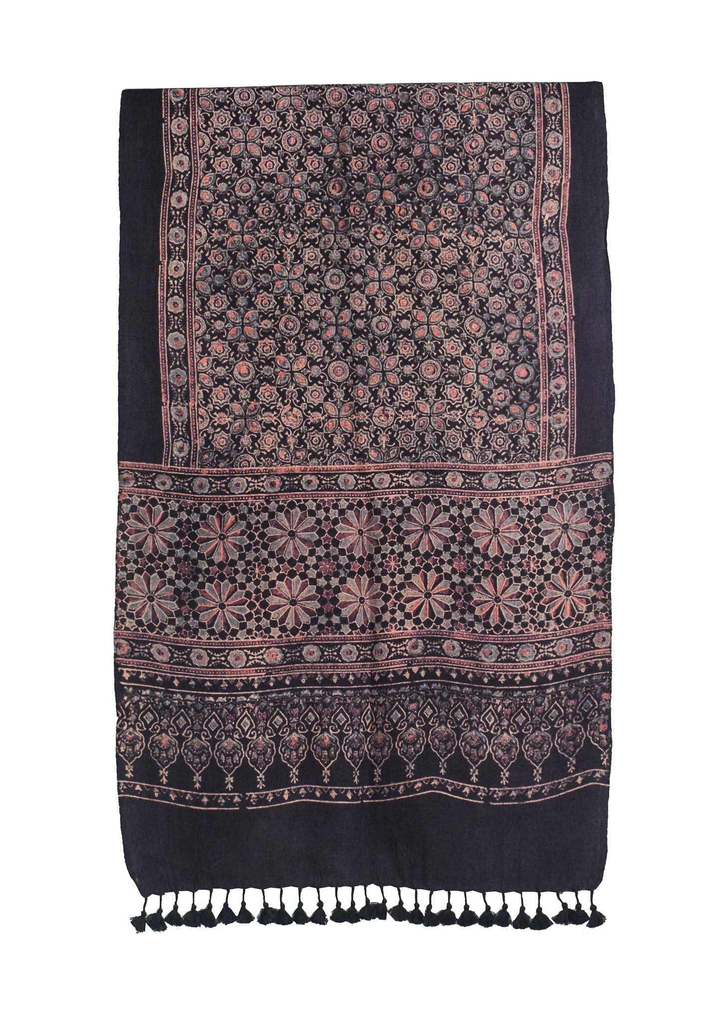 Ajrakh merino wool Natural Dye Hand Block Print Stole With Tassels - 2.2 Mtr Length    -  SKU : DB03C01A