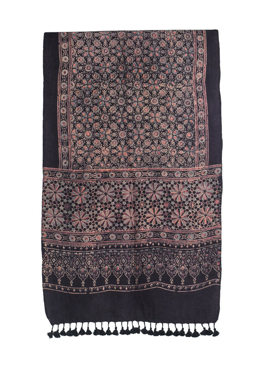 Ajrakh merino wool Natural Dye Hand Block Print Stole With Tassels - 2.2 Mtr Length    -  SKU : DB03C01A