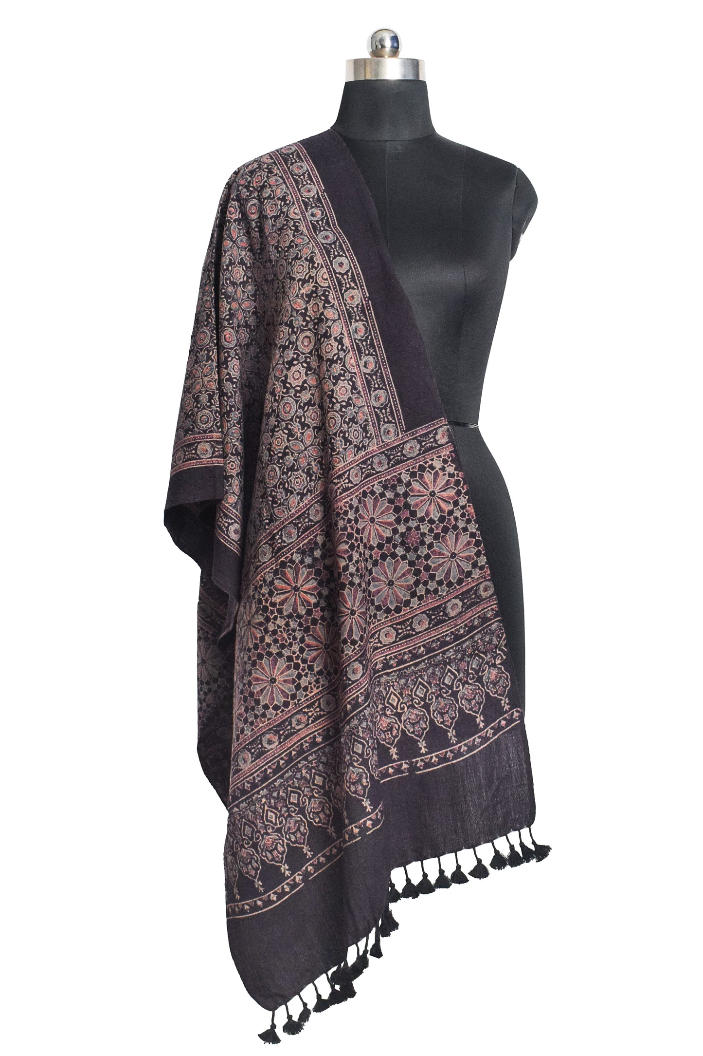 Ajrakh merino wool Natural Dye Hand Block Print Stole With Tassels - 2.2 Mtr Length    -  SKU : DB03C01A