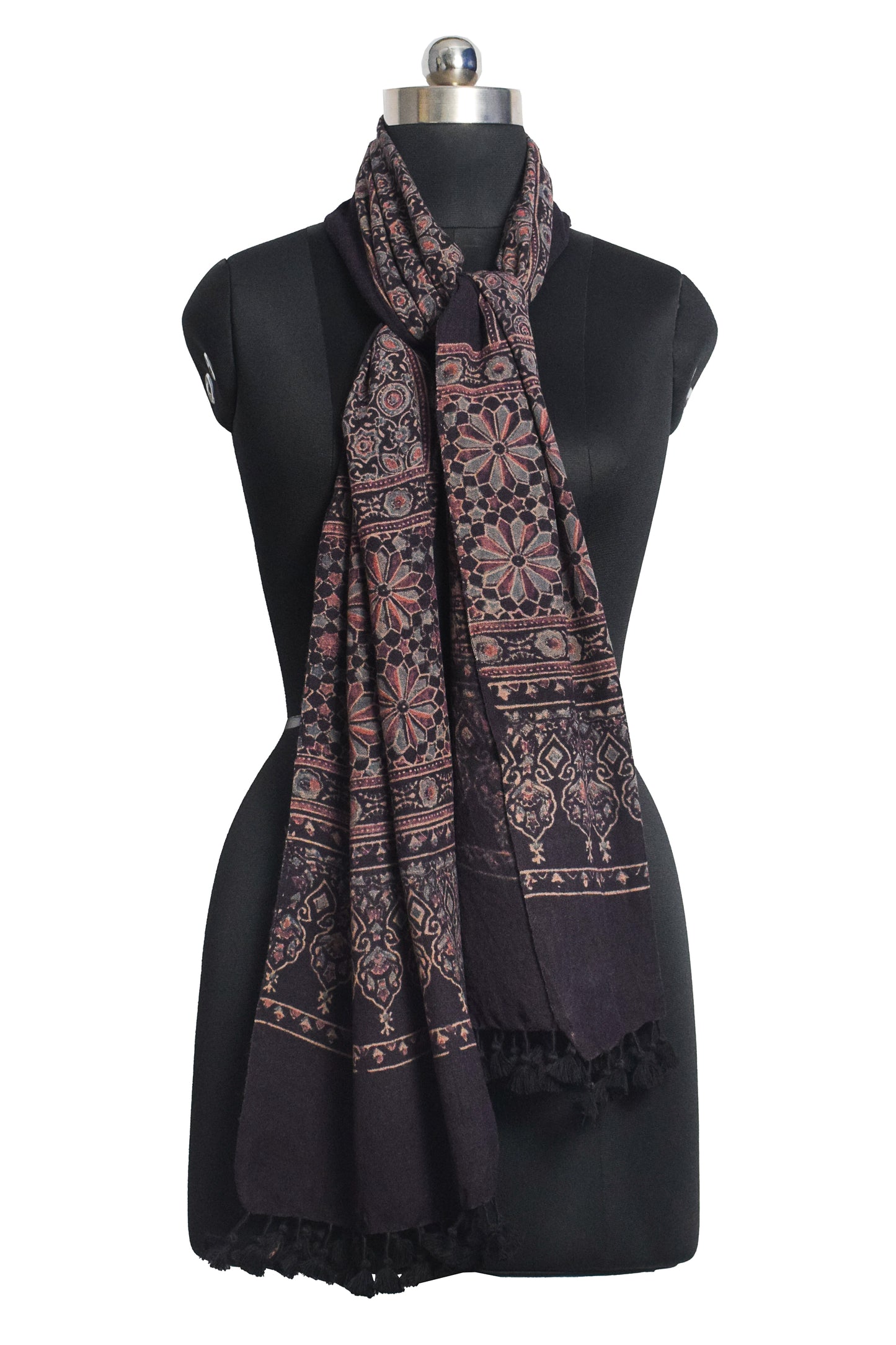 Ajrakh merino wool Natural Dye Hand Block Print Stole With Tassels - 2.2 Mtr Length    -  SKU : DB03C01A