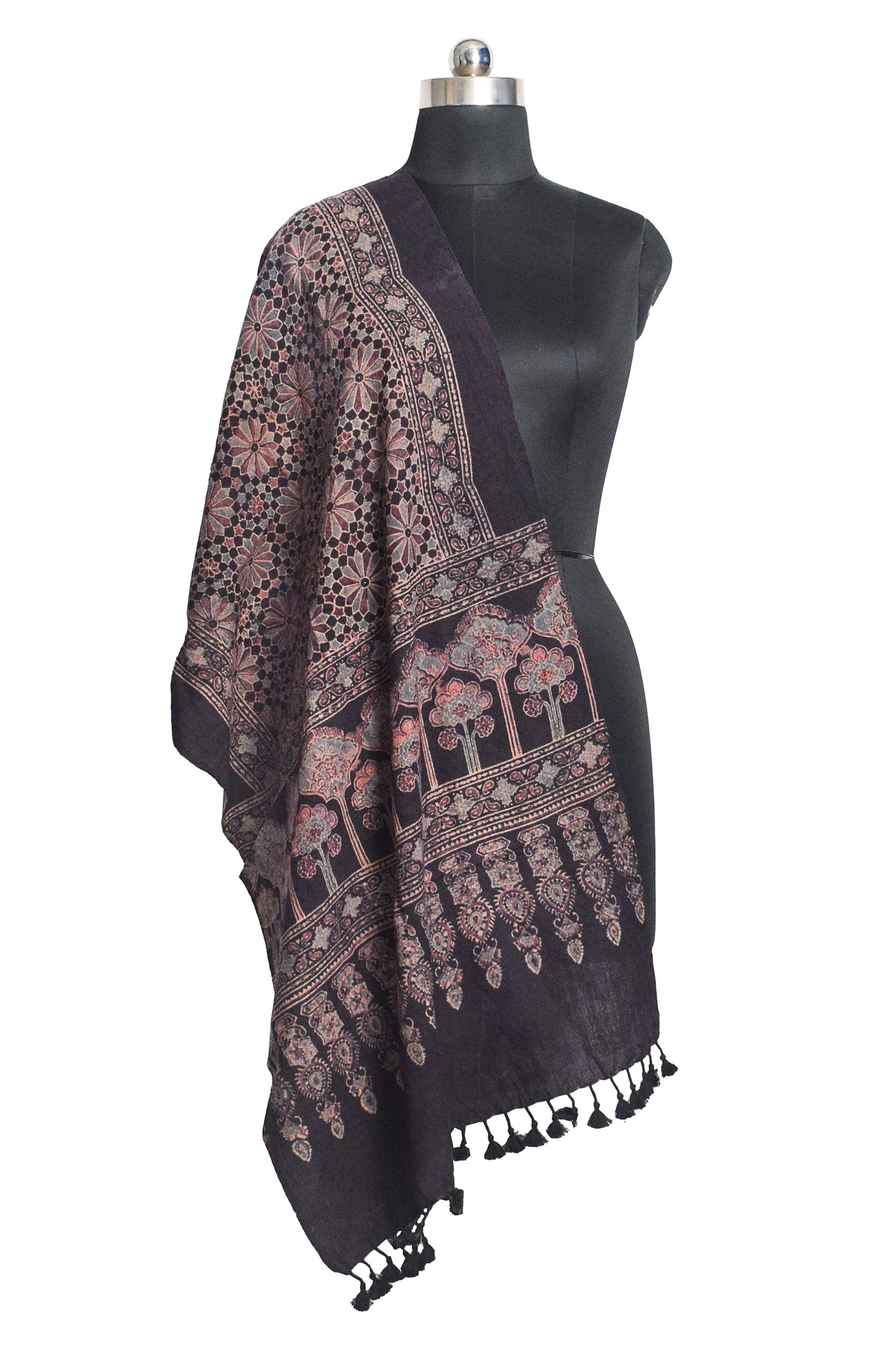 Ajrakh merino wool Natural Dye Hand Block Print Stole With Tassels - 2.2 Mtr Length    -  SKU : DB03C01B