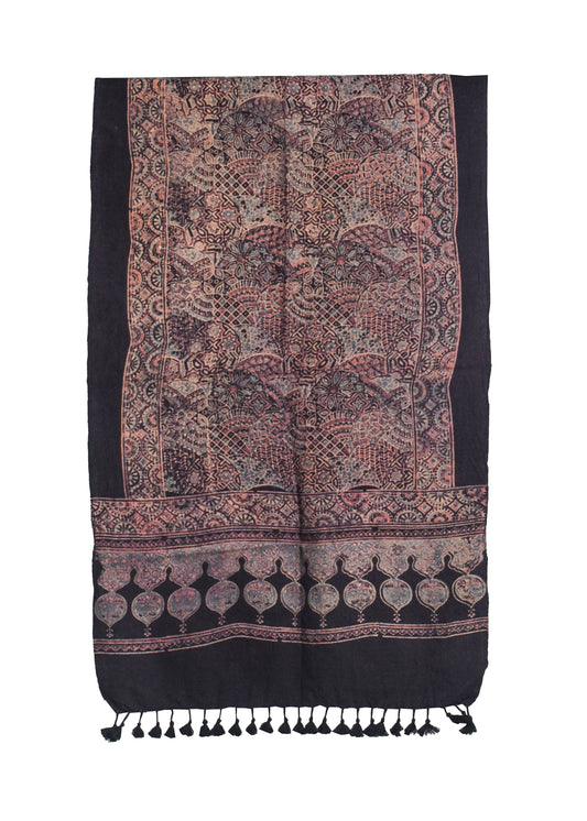 Ajrakh merino wool Natural Dye Hand Block Print Stole With Tassels - 2.2 Mtr Length    -  SKU : DB03C01C