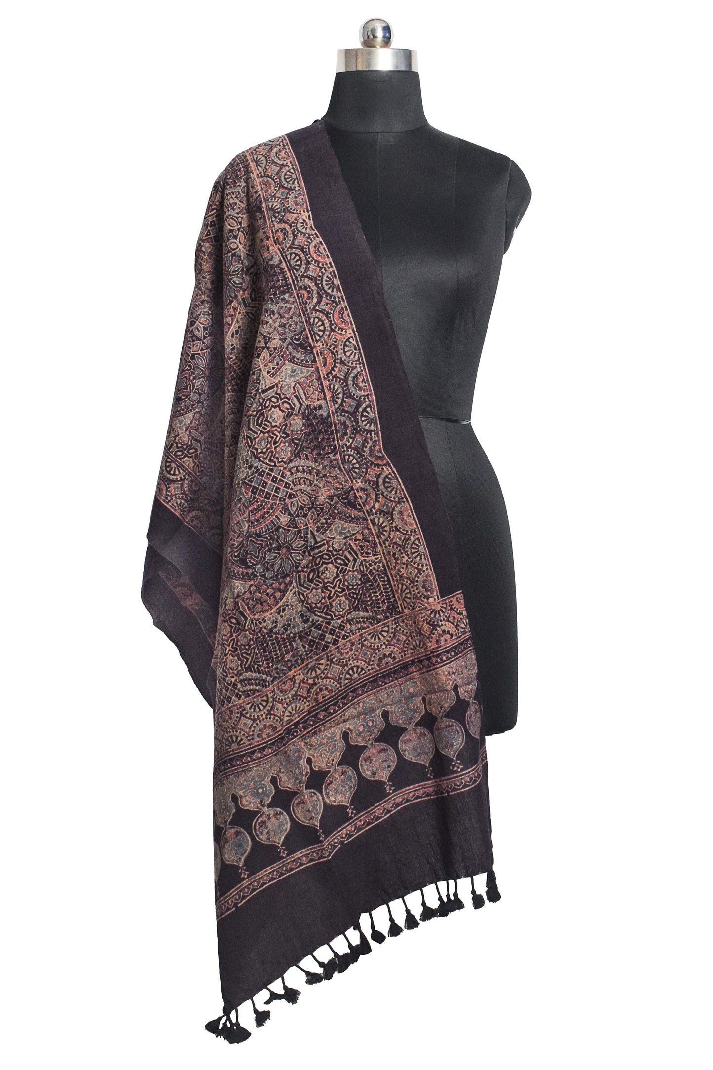 Ajrakh merino wool Natural Dye Hand Block Print Stole With Tassels - 2.2 Mtr Length    -  SKU : DB03C01C