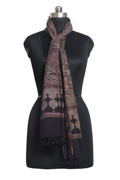 Ajrakh merino wool Natural Dye Hand Block Print Stole With Tassels - 2.2 Mtr Length    -  SKU : DB03C01C