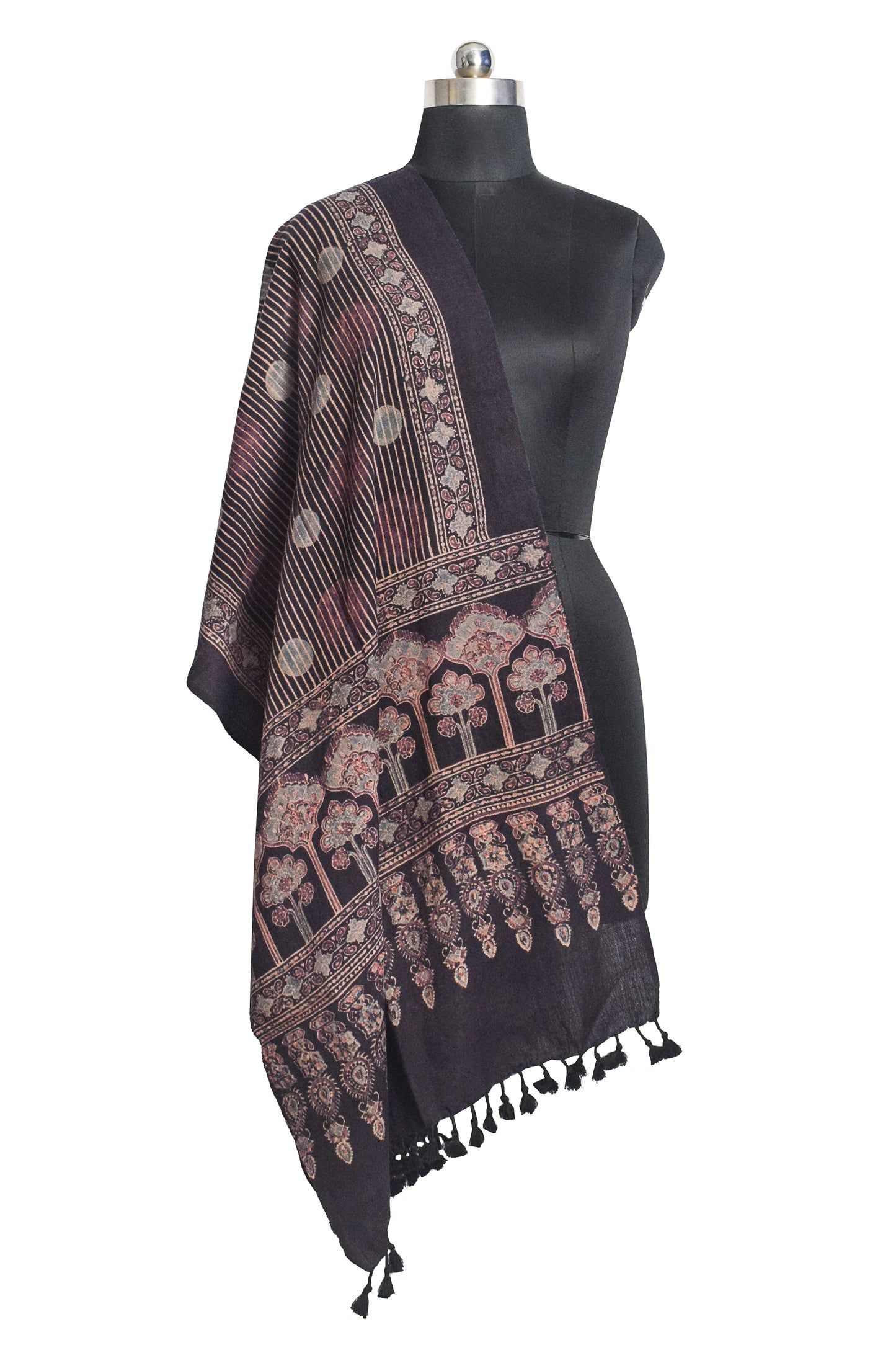 Ajrakh merino wool Natural Dye Hand Block Print Stole With Tassels - 2.2 Mtr Length    -  SKU : DB03C01E