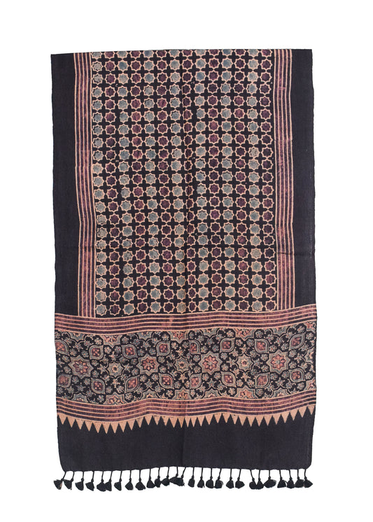 Ajrakh merino wool Natural Dye Hand Block Print Stole With Tassels - 2.2 Mtr Length    -  SKU : DB03C01F